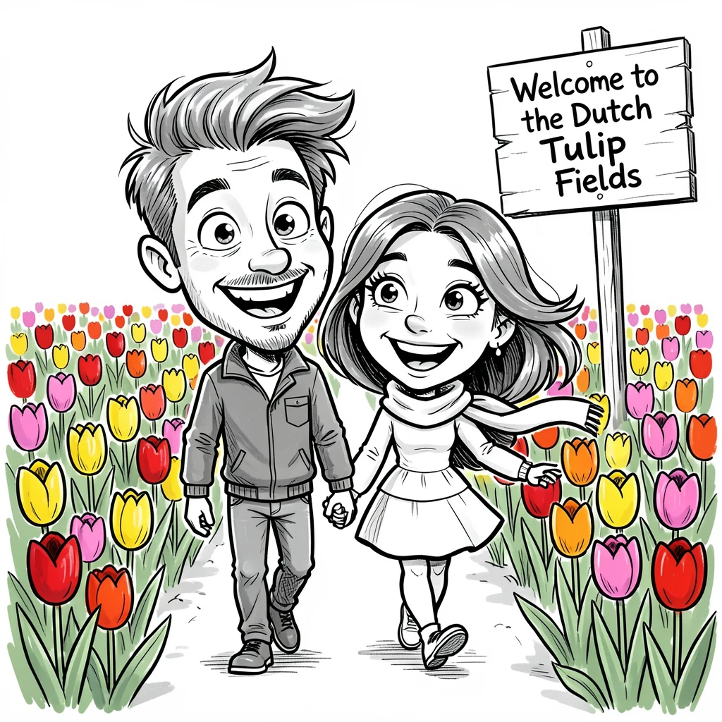 [Travel & Cultural Experiences] Vivid travel scene of a couple wandering through a colorful tulip field in the Netherlands, full of wonder and adventure