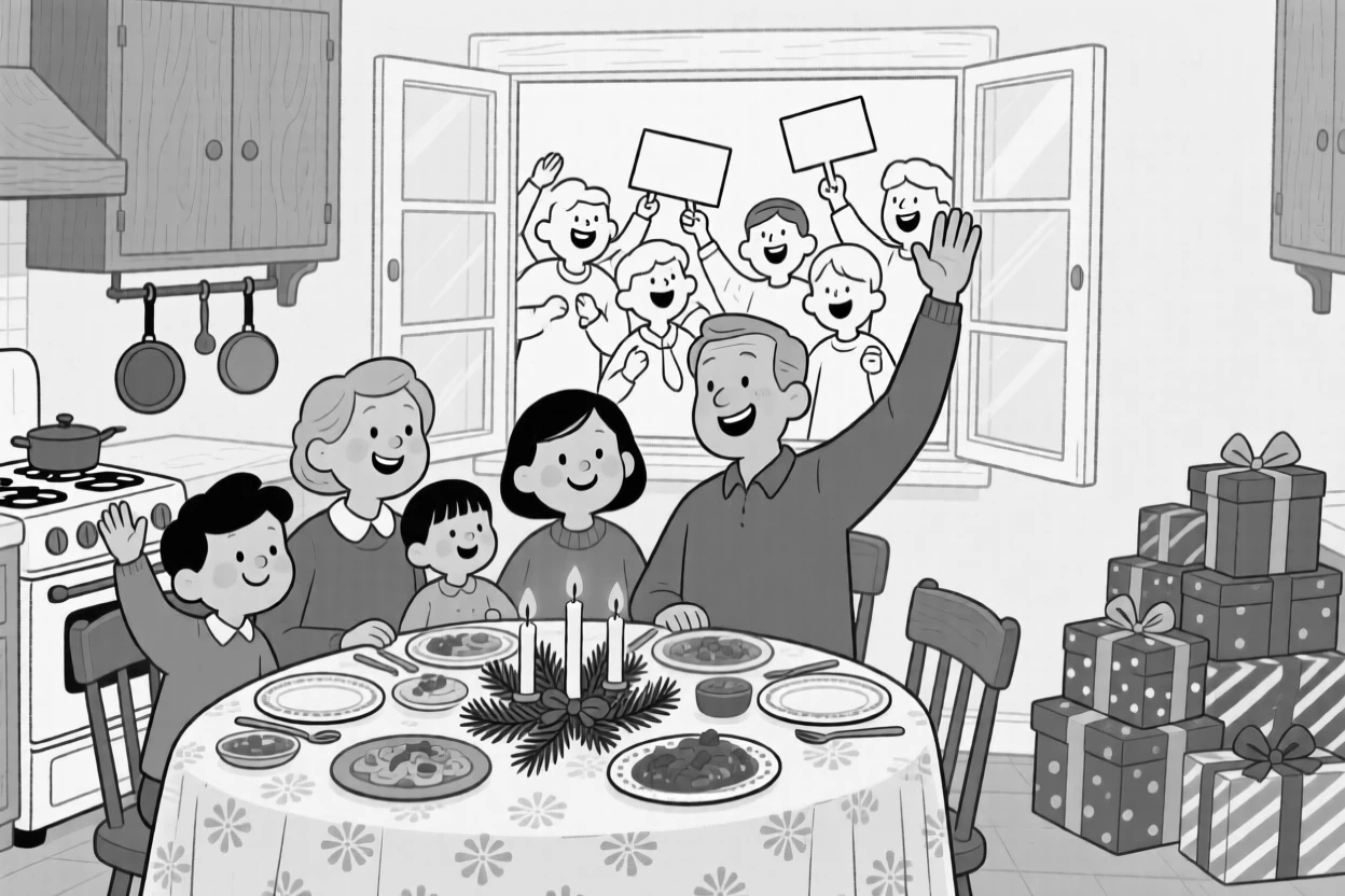 A family gathered around a beautifully set holiday table, waving triumphantly to the cheering crowd below, set in a cozy kitchen passed down through generations. A stack of gifts wrapped in bright paper waits nearby. The scene overflows with communal joy and tradition.
