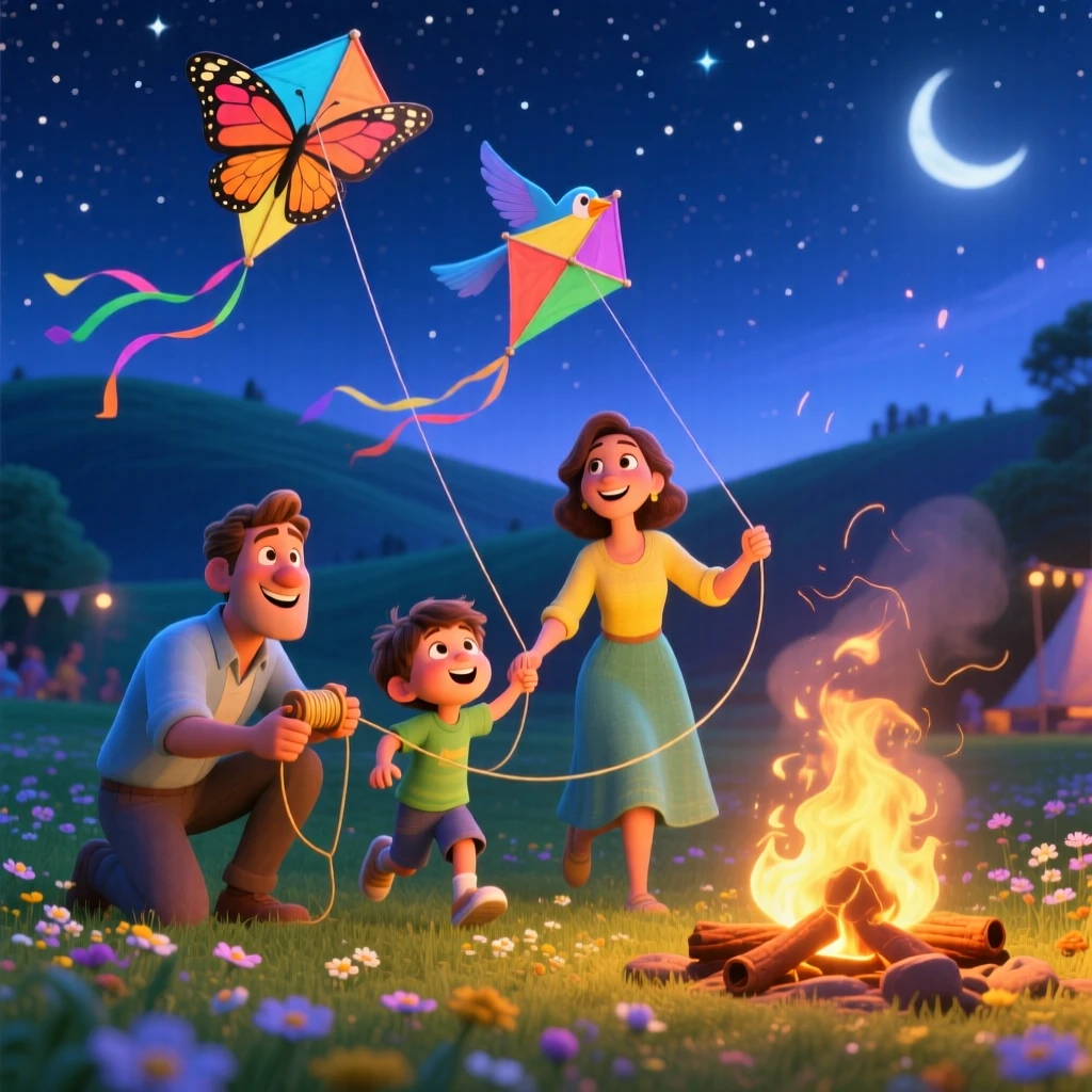A family flying kites at a spring festival happens around a crackling bonfire under a starry sky, with the scent of cinnamon and pine lingering nearby. A festive warmth and togetherness fill the scene.