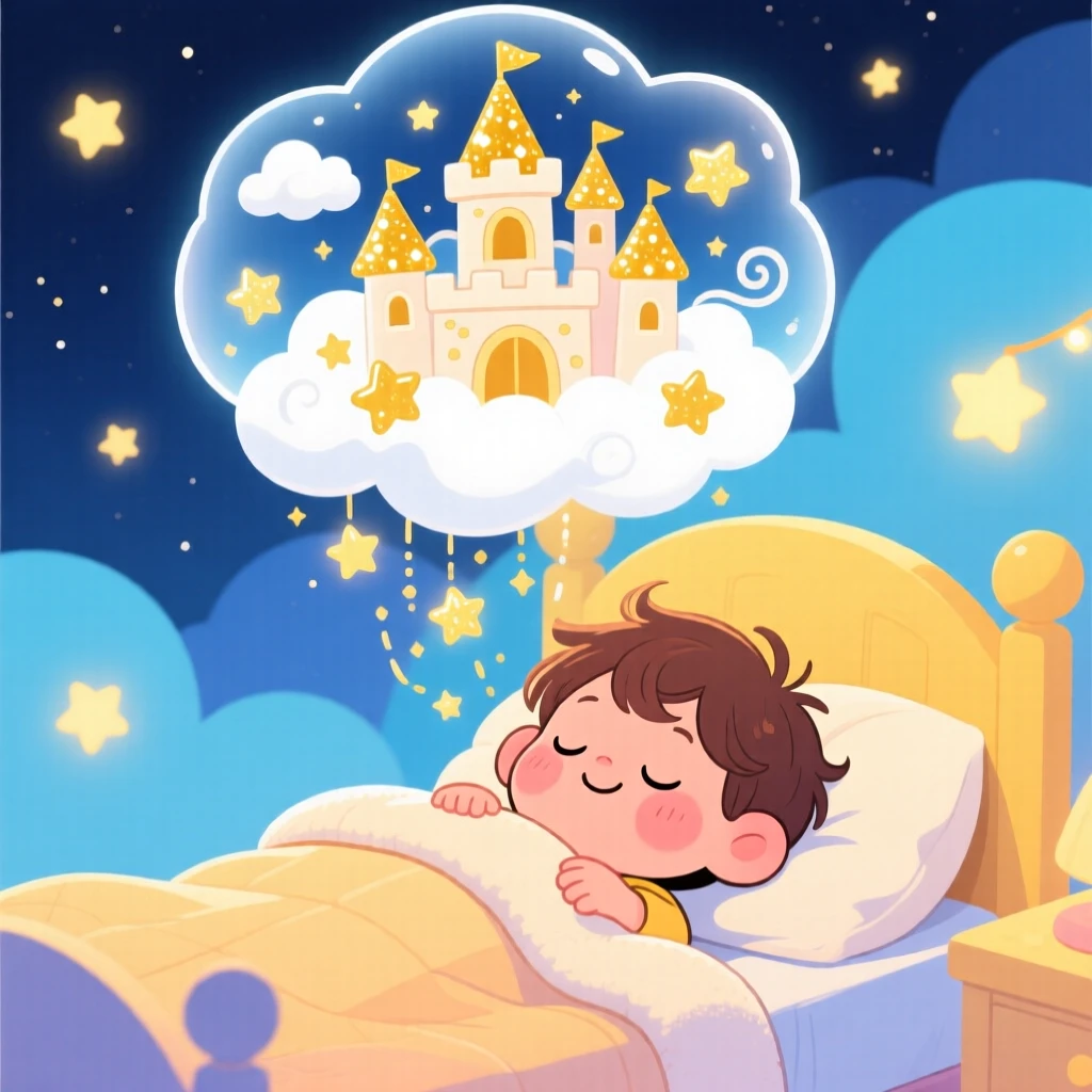 A sleeping child dreaming of a castle made of clouds and stars.