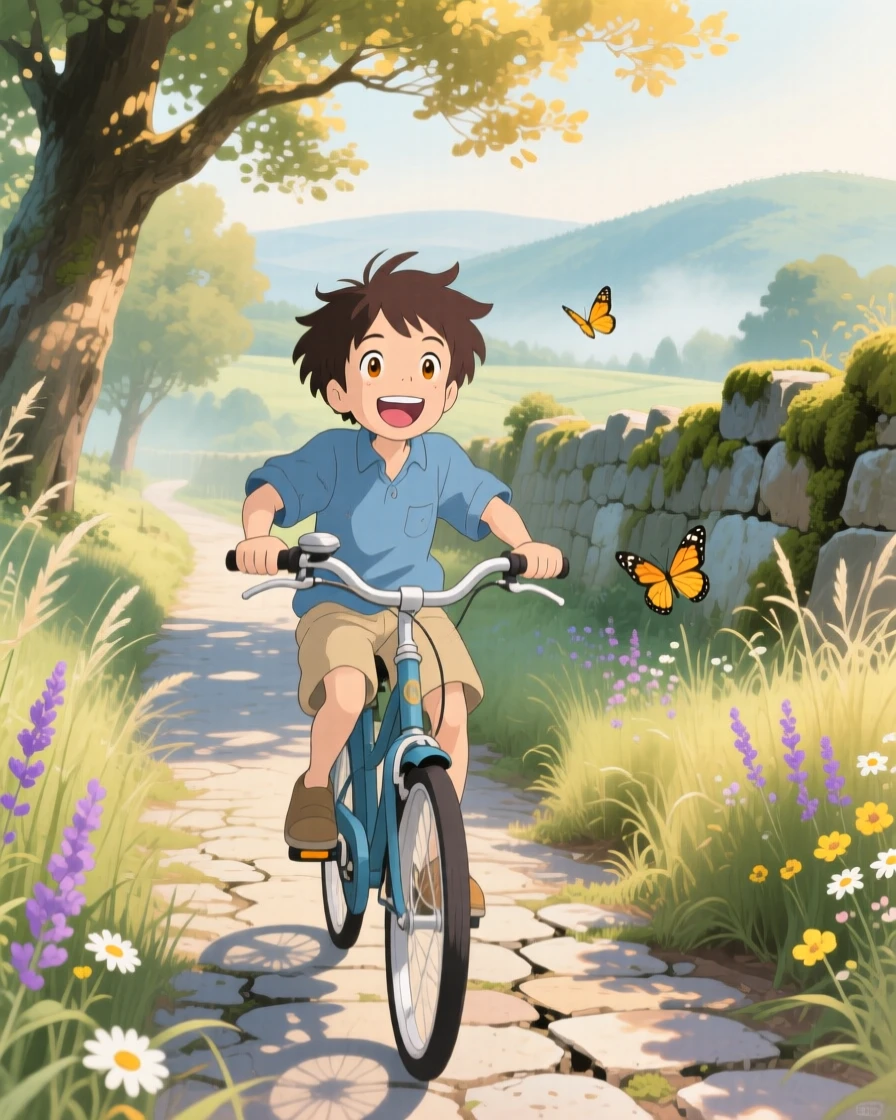 A boy pedaling his bicycle down a quiet lane, arms outstretched, the moment full of laughter and energy.