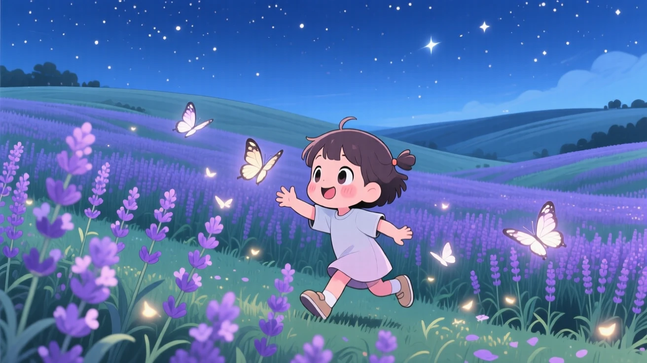 A small child chasing butterflies through a field of lavender in a rolling purple flower field under a starry midsummer night sky; diffused overcast light washes over the scene as peaceful calm fills the moment. Full-body shot.