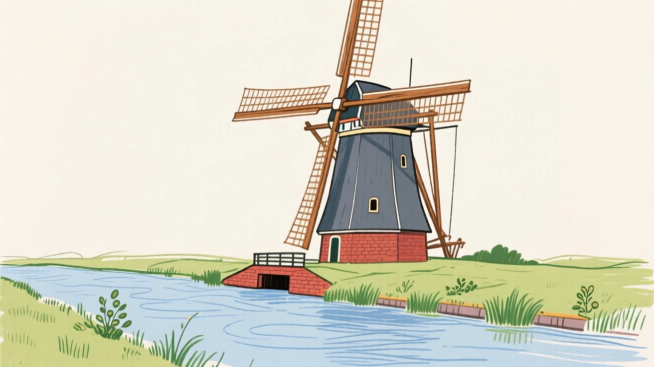 A traditional windmill standing beside a Dutch canal.