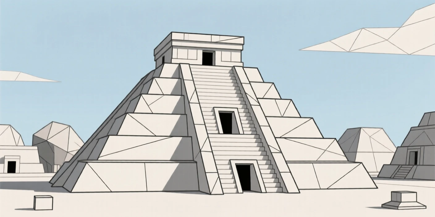 An Aztec temple complex beneath a clear sky