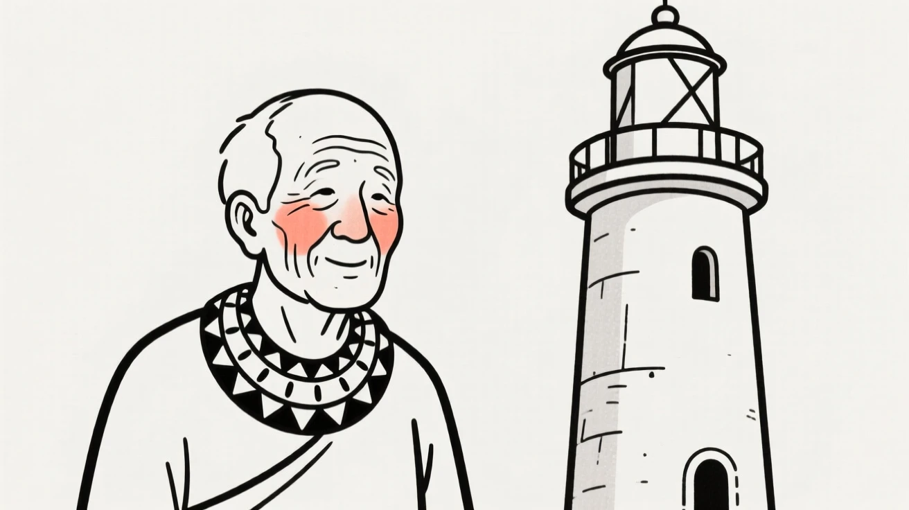 An elderly man wearing a Maasai beaded collar, beside an old lighthouse.