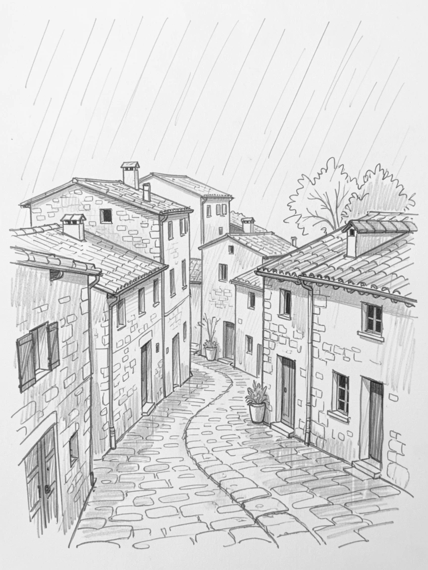 A hilltop Mediterranean village during a quiet rain shower, with centuries-old stonework weathered by time.