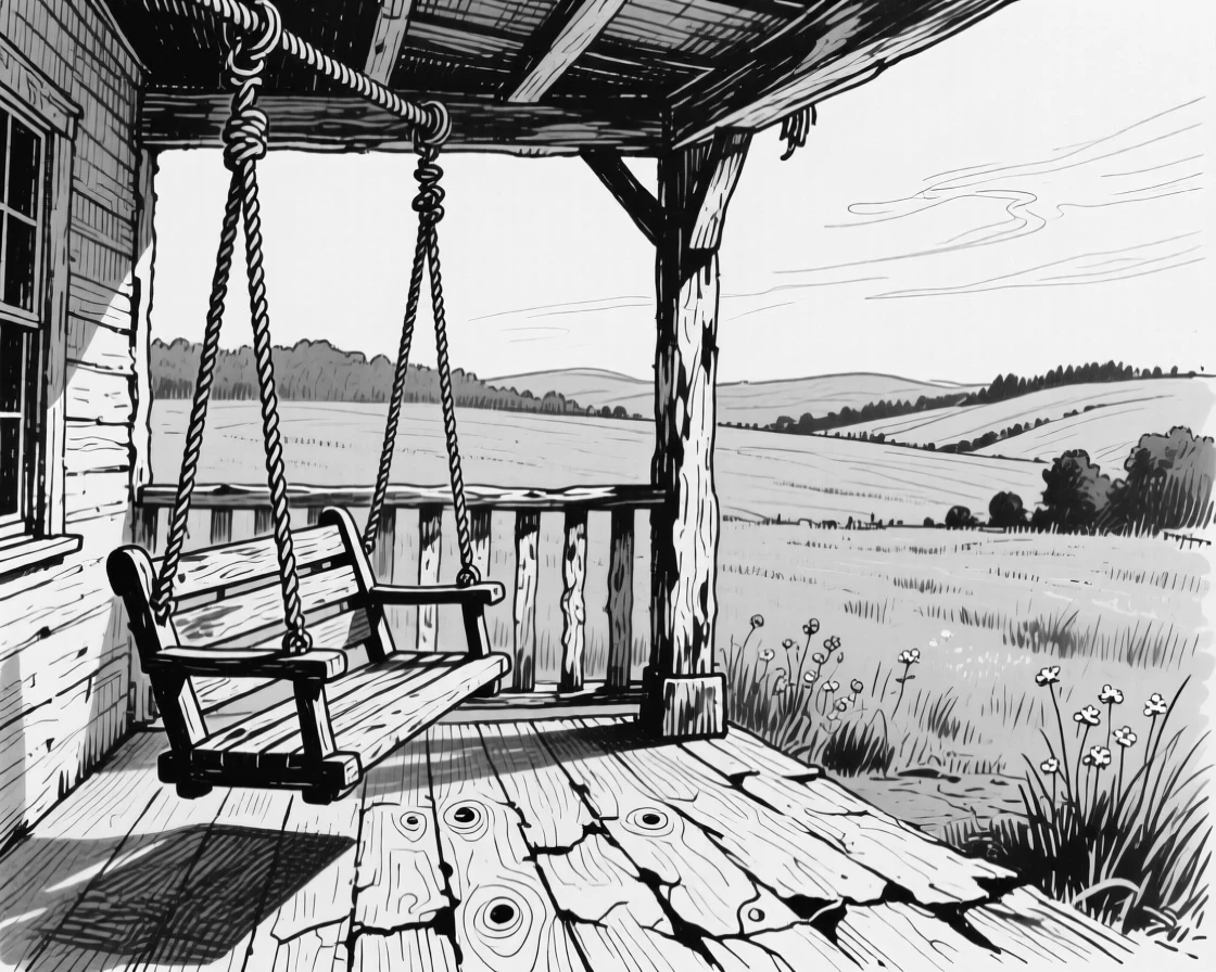 A rustic farmhouse porch with a swinging bench overlooking green fields.