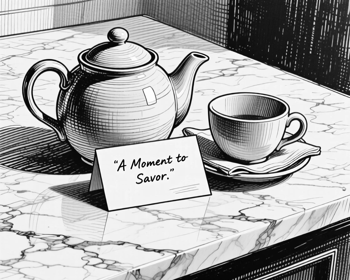 A ceramic teapot with a matching cup set on a marble countertop, with a folded note tucked alongside it, forming a timelessly charming still-life study.