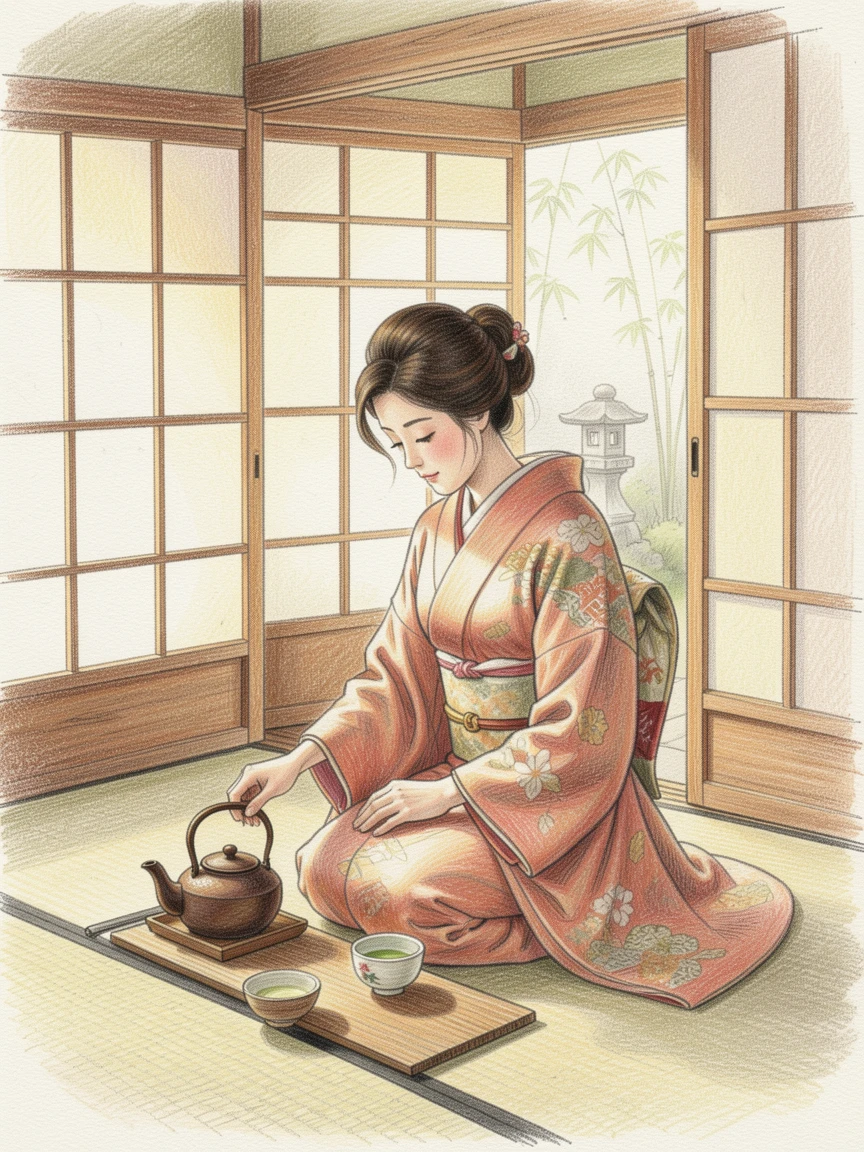A traditional tea ceremony being performed in a quiet Japanese room, set against an atmospheric, evocative backdrop, capturing the grandeur of a bygone era.