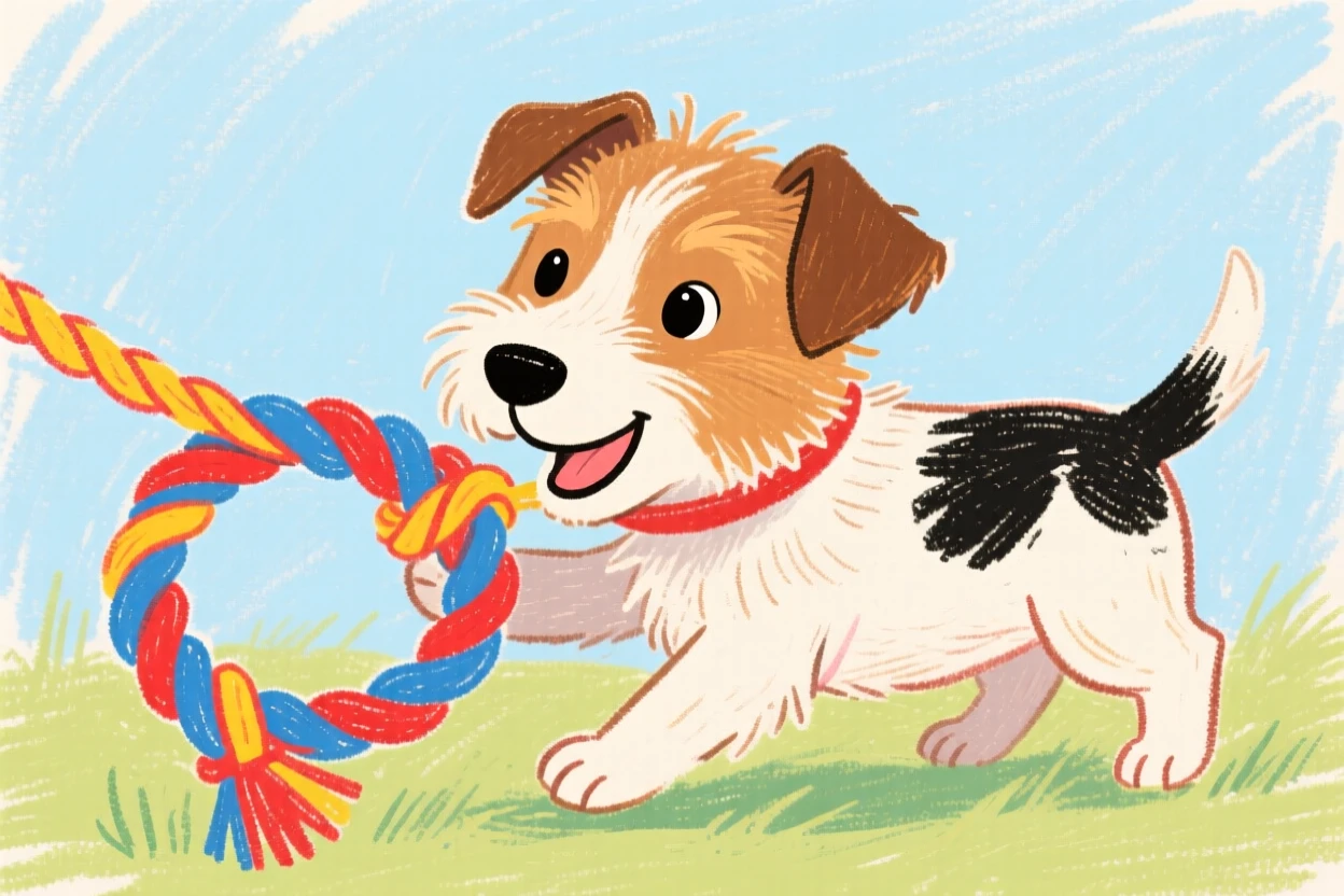 A terrier puppy tugging playfully on a knotted rope toy.