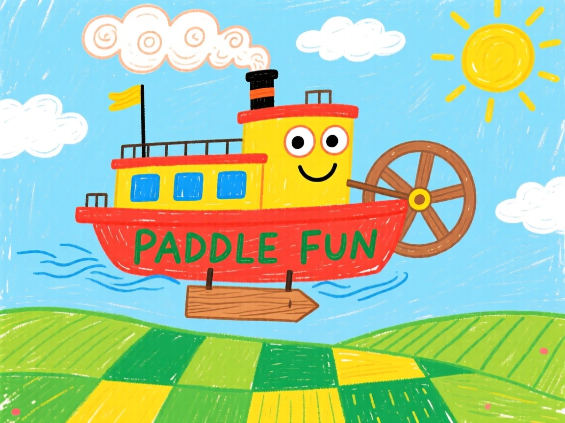 A paddle steamboat floating above a patchwork of green fields.