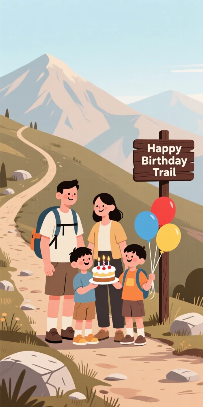 A family celebrating a birthday together on a mountain trail.