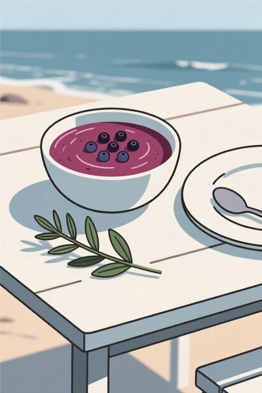 A freshly prepared bowl of berry smoothie served on fresh herbs, set in a seaside restaurant table, inviting warm comfort.