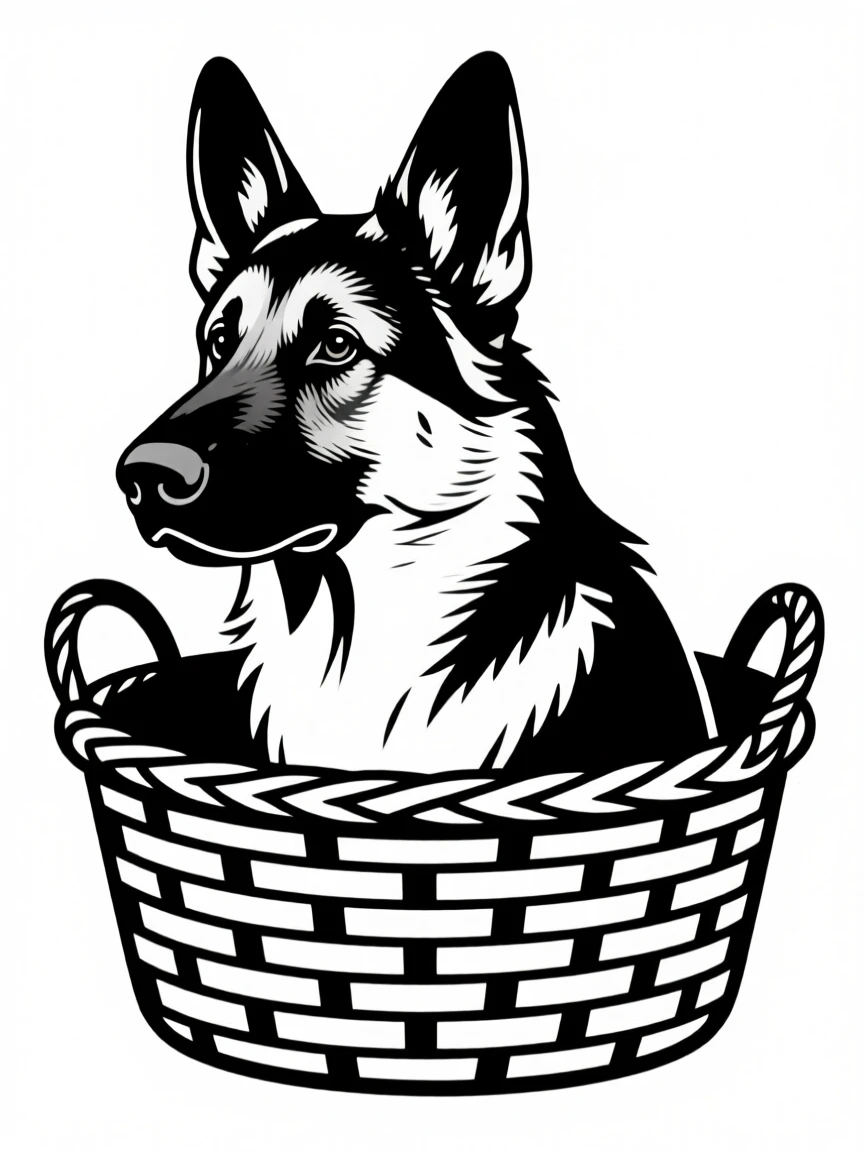 A loyal German shepherd peeking out of a wicker basket.