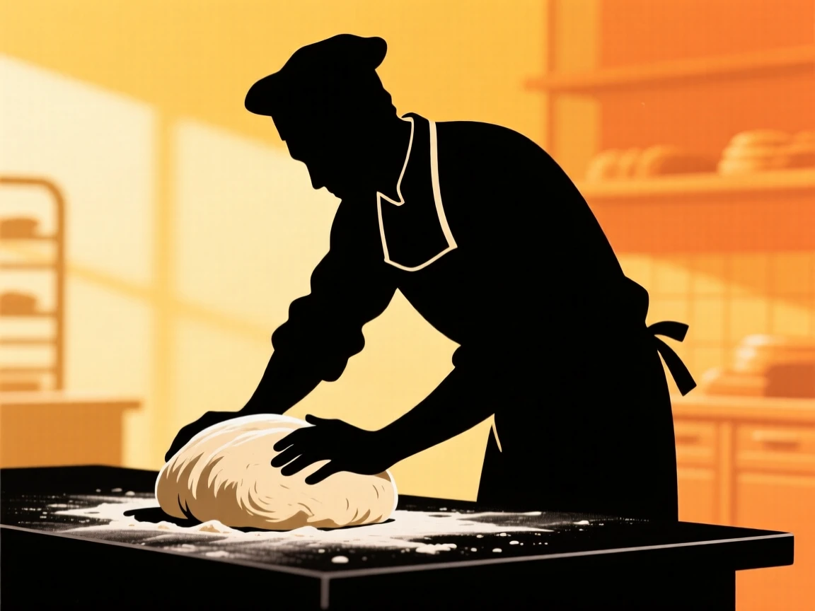 A baker kneading a mound of dough on a floured countertop.