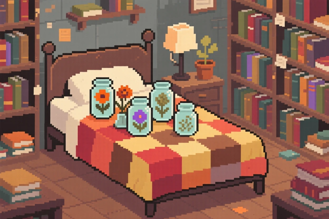 A quilt-covered bed decorated with dried flowers in glass jars, within a cluttered but charming bookshop.