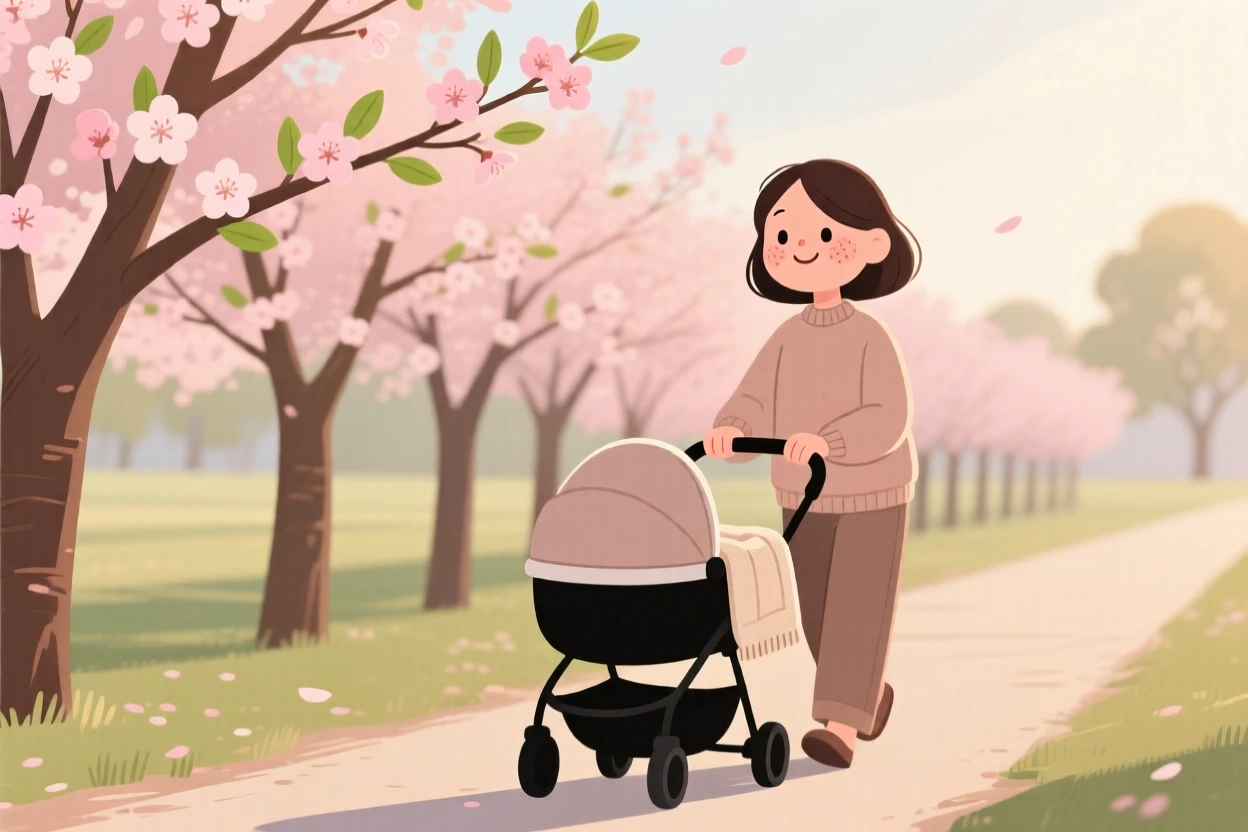 The first blossoms of spring open along a row of cherry trees as a young mother pushing a stroller walks slowly by, smiling at the warmth returning in the mild morning air.