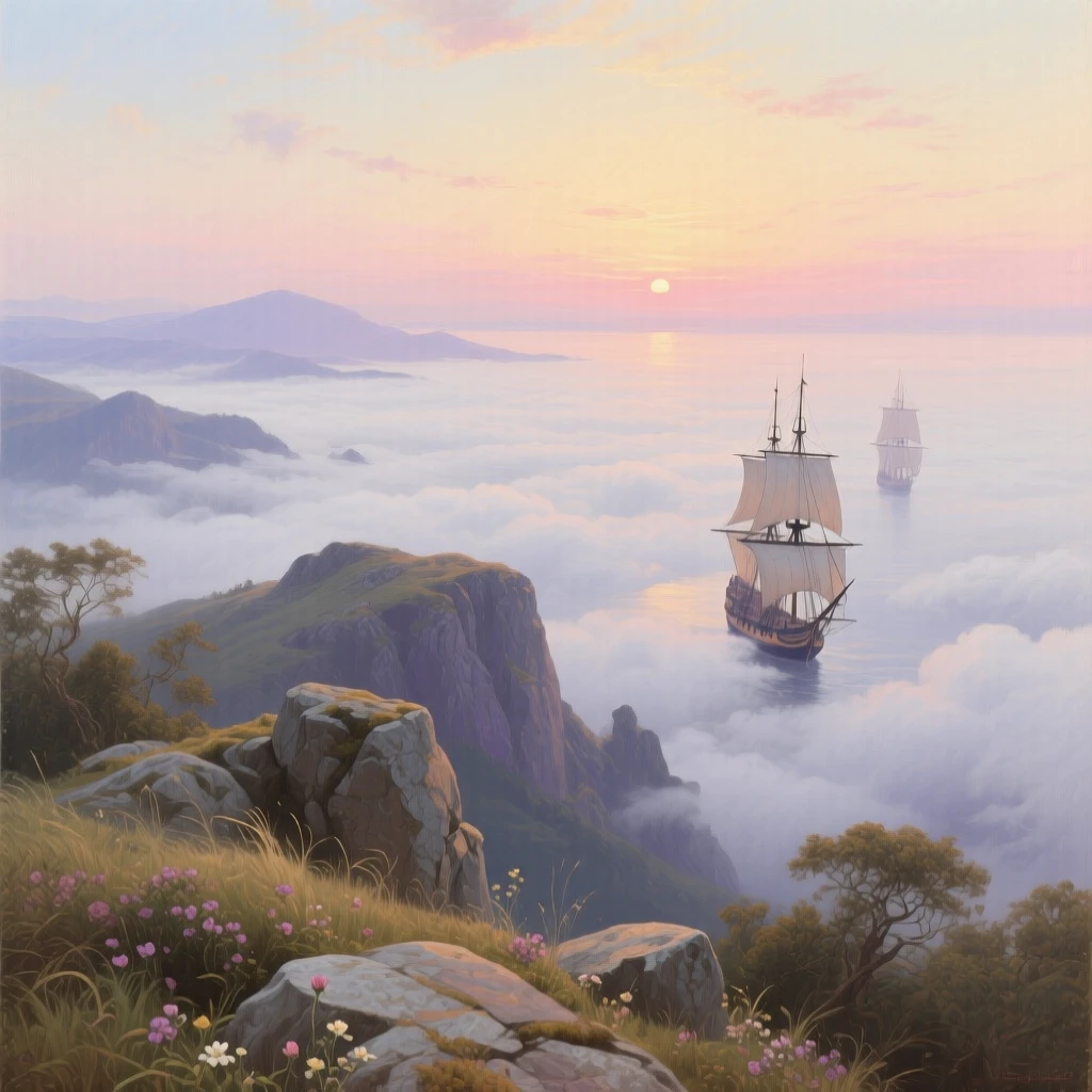 A broad landscape view of a mountaintop viewpoint overlooking a sea of clouds at sunrise, in thick fog, in the age of sailing ships.
