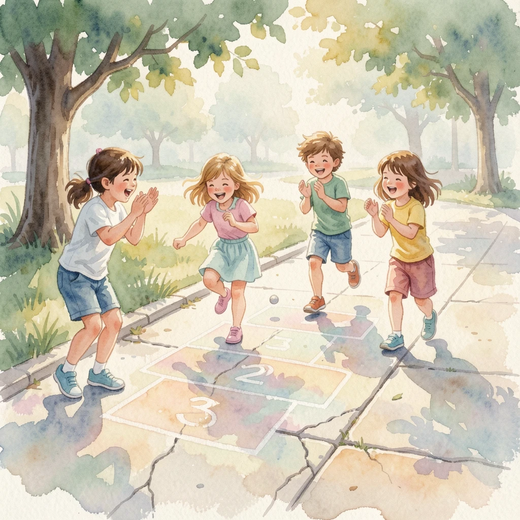 Children playing hopscotch on a sidewalk with laughter filling the air.