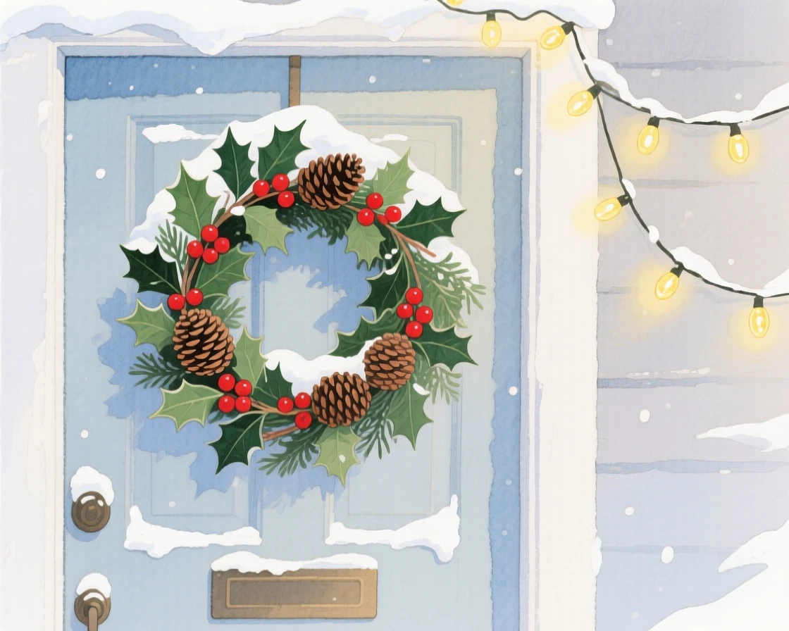 A wreath of holly and pinecones hangs on a snow-dusted front door beside twinkling string lights