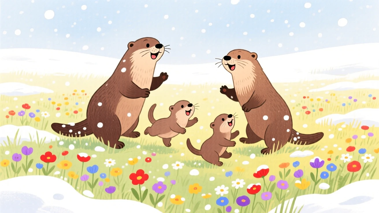 A family of otters playing joyfully in a wildflower field in the first snow of winter.