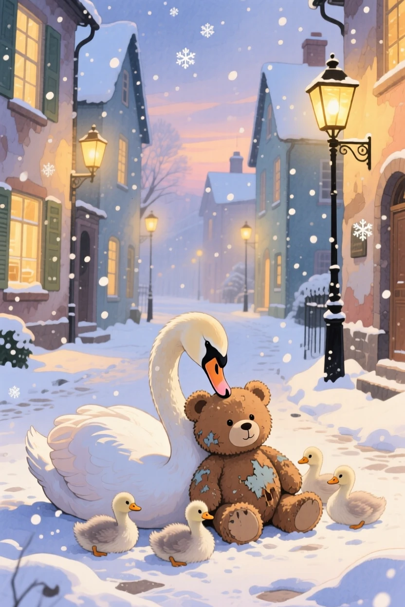 A swan and her cygnets resting its head on a favorite worn-out teddy bear, set in a snowy village street lined with warm lantern light, capturing a fleeting moment of quiet contentment.