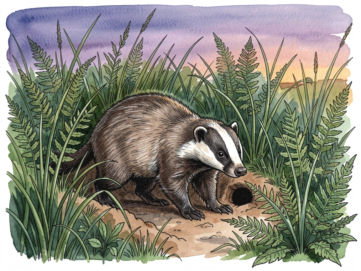 A badger emerging cautiously from its burrow at dusk, the scene framed by lush greenery on every side.