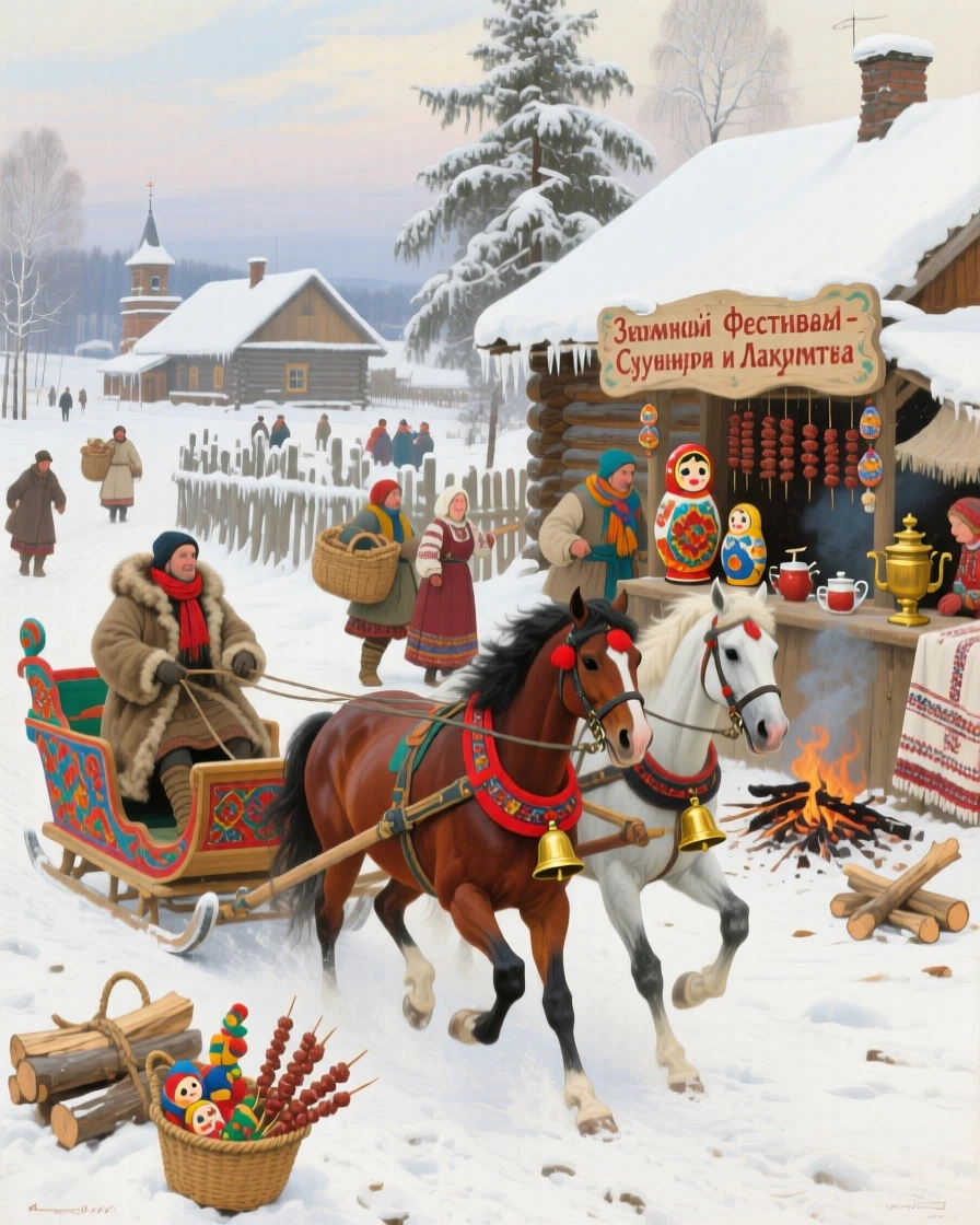 A traditional Russian winter festival with troikas gliding across snow, capturing the customs and craftsmanship unique to the era, capturing the grandeur and detail of a bygone era