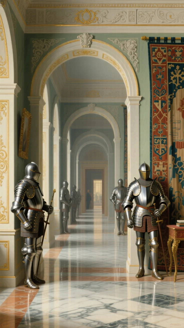 A grand entrance hall lined with suits of armor and tapestries awaiting the arrival of guests soon to fill its halls, set within a private estate untouched by passing time, with intricate carvings, gilded frames, and polished marble underfoot; symmetry and repetition of arches create a sense of timeless order, filled with hushed splendor and architectural harmony.