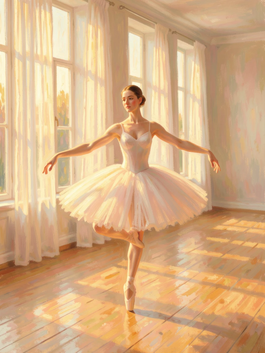 A ballerina caught mid-pose in a sunlit studio, her tutu catching the golden afternoon light through tall windows, at golden sunrise, radiating serenity and gentle stillness.