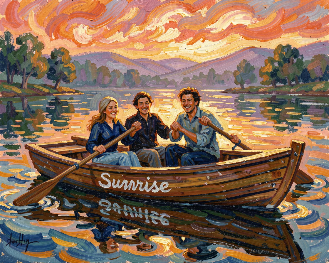 A group of friends rowing a small boat across a lake at golden hour.