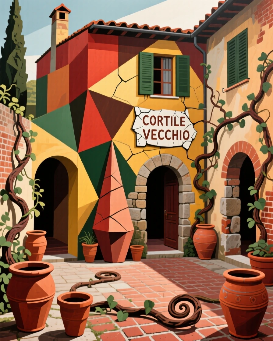 A rustic Tuscan villa courtyard filled with terracotta pots and climbing vines.