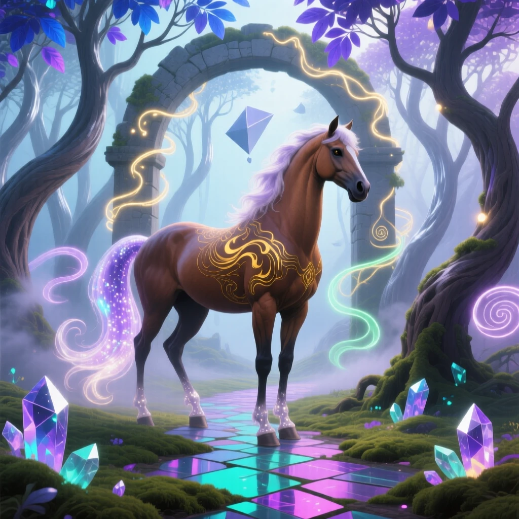 A centaur wandering through a grove of silver-leafed trees guards a hidden path that few have ever found, while wisps of light curl gently around its form.