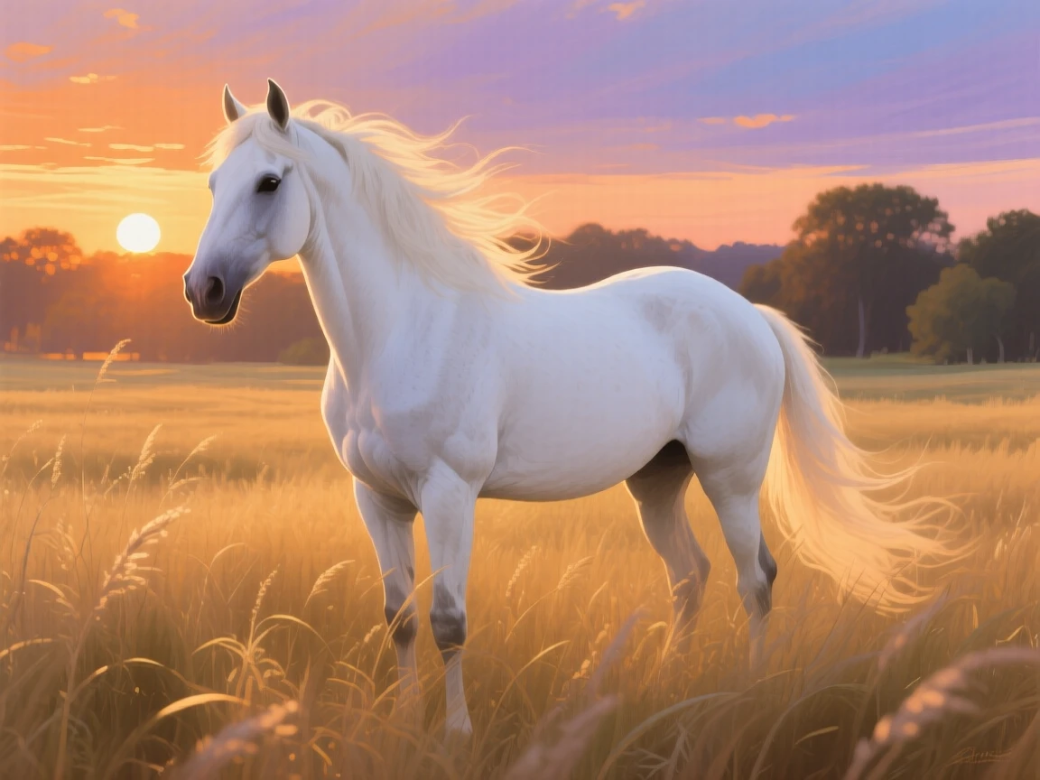 A majestic white horse stands in a field of tall grass during golden hour, its mane catching the breeze as the sun sets behind it, its posture alert yet relaxed, fully at ease within its natural surroundings.