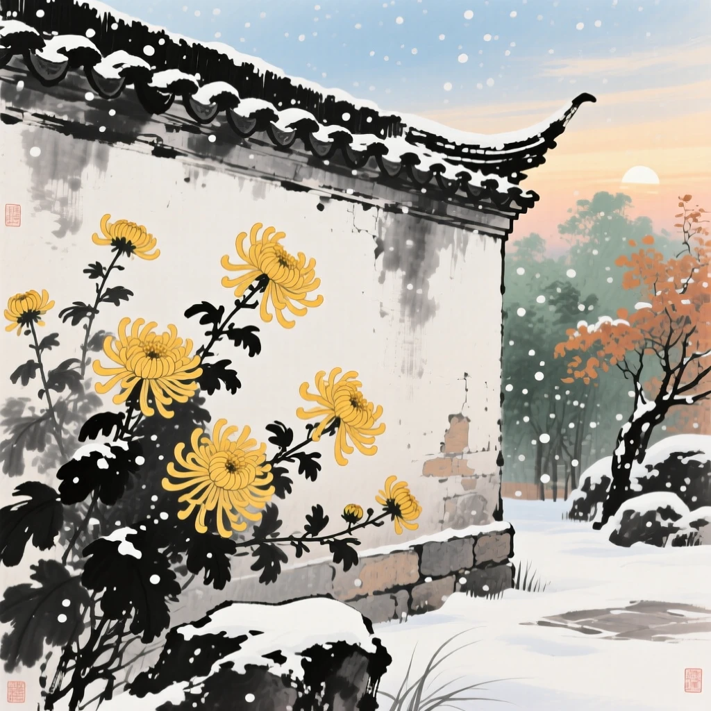 Chrysanthemums blooming in golden clusters beside a garden wall, beneath softly falling snow, at dawn.