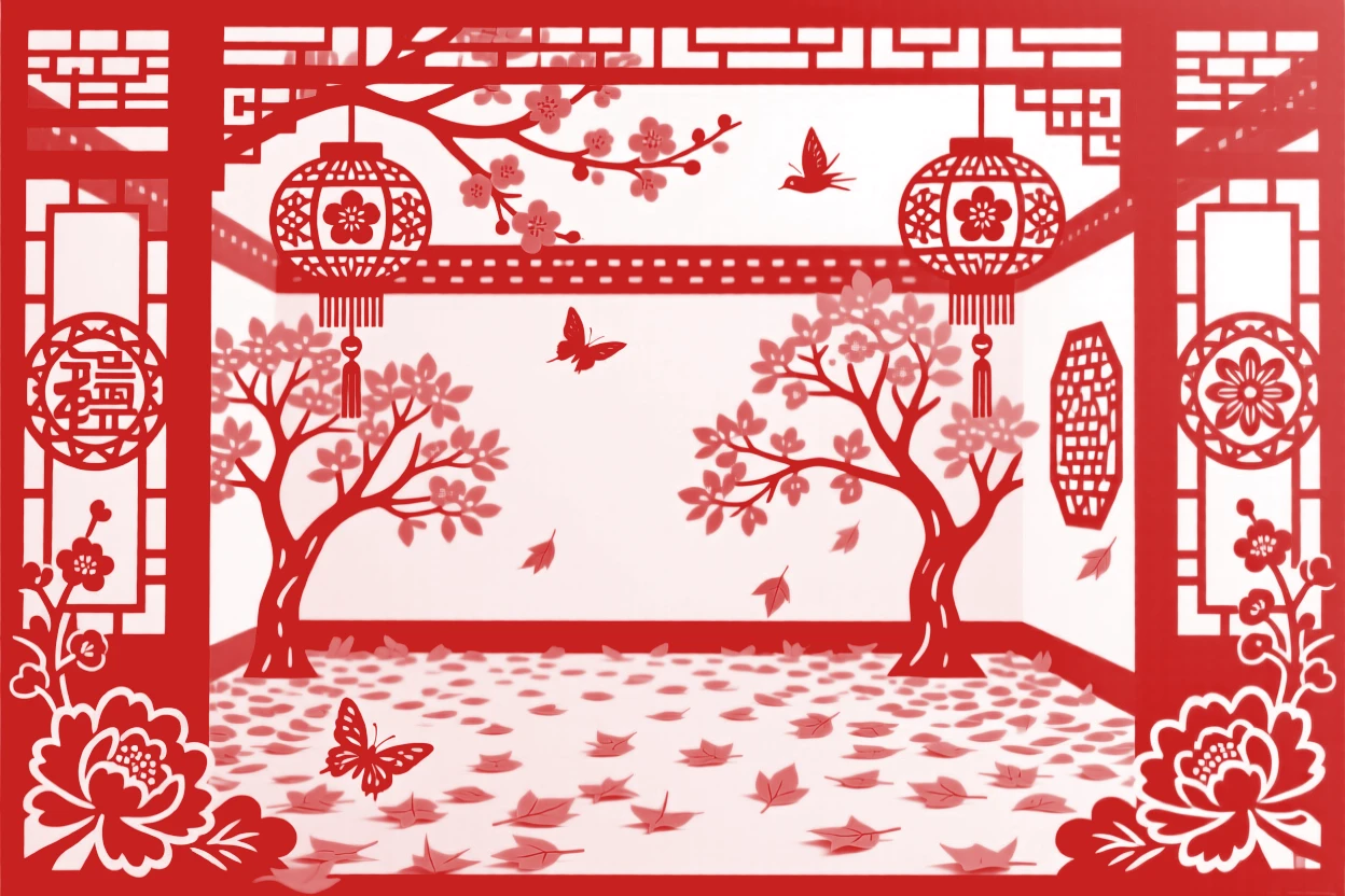 A Spring scene of a courtyard filled with golden fallen leaves, lanterns being hung in preparation for the evening.