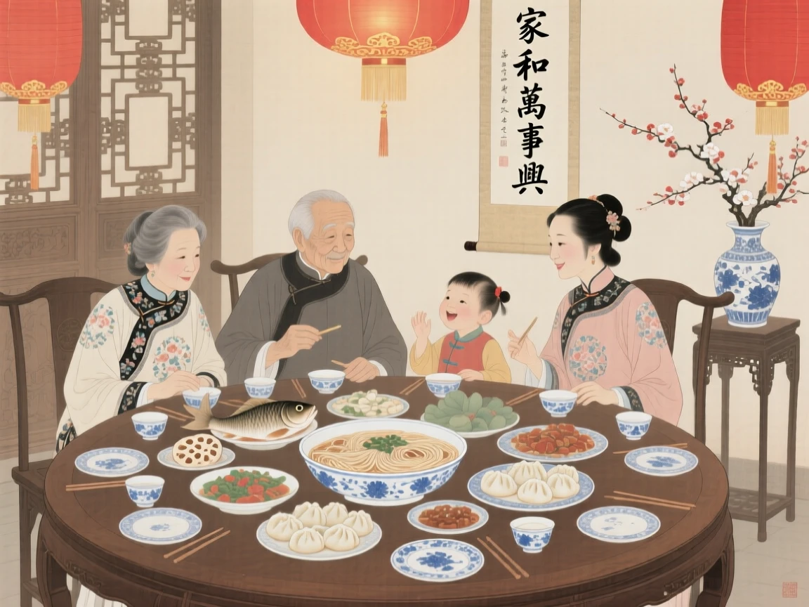 Three generations of a family gathered around a table for a festival dinner