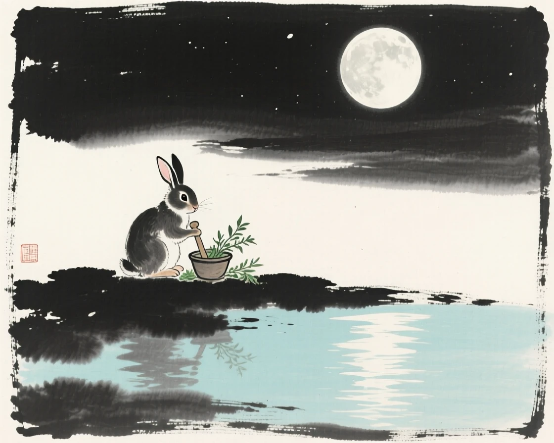 A moon rabbit pounding herbs beneath a full moon above a tranquil, glowing lake, framed to emphasize scale against a vast open sky, capturing a dreamlike, otherworldly stillness.