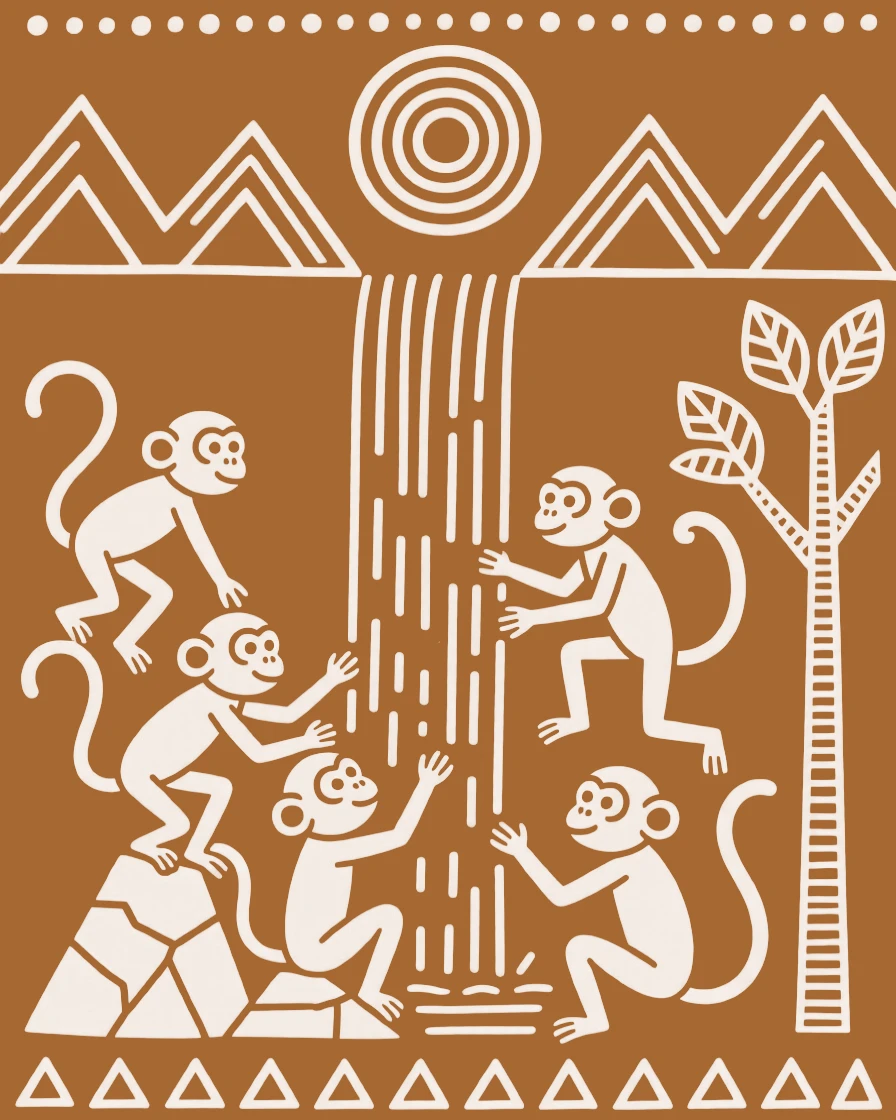 A group of monkeys gathered near a waterfall.
