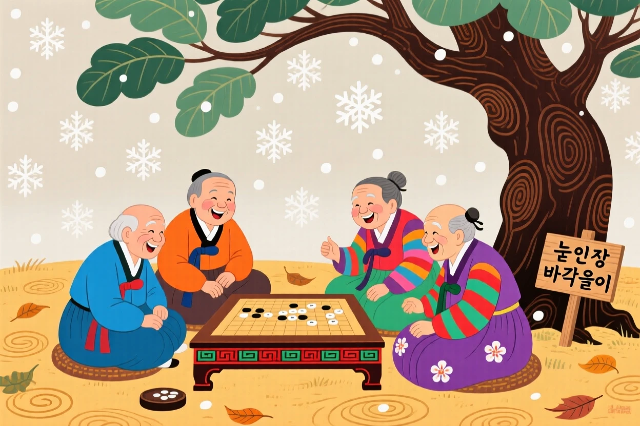 A group of elders playing a board game under a shade tree, during a gentle snowfall.