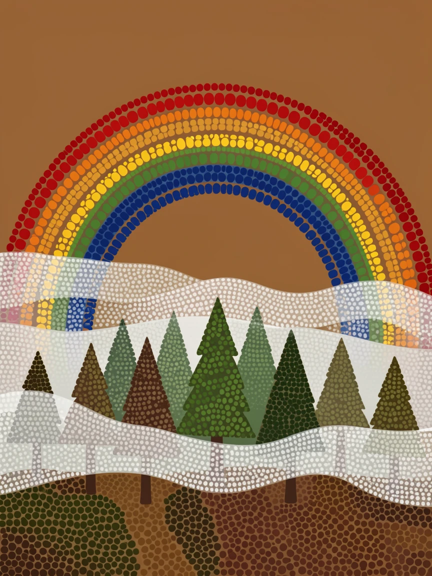 A foggy pine ridge beneath a rainbow after rain