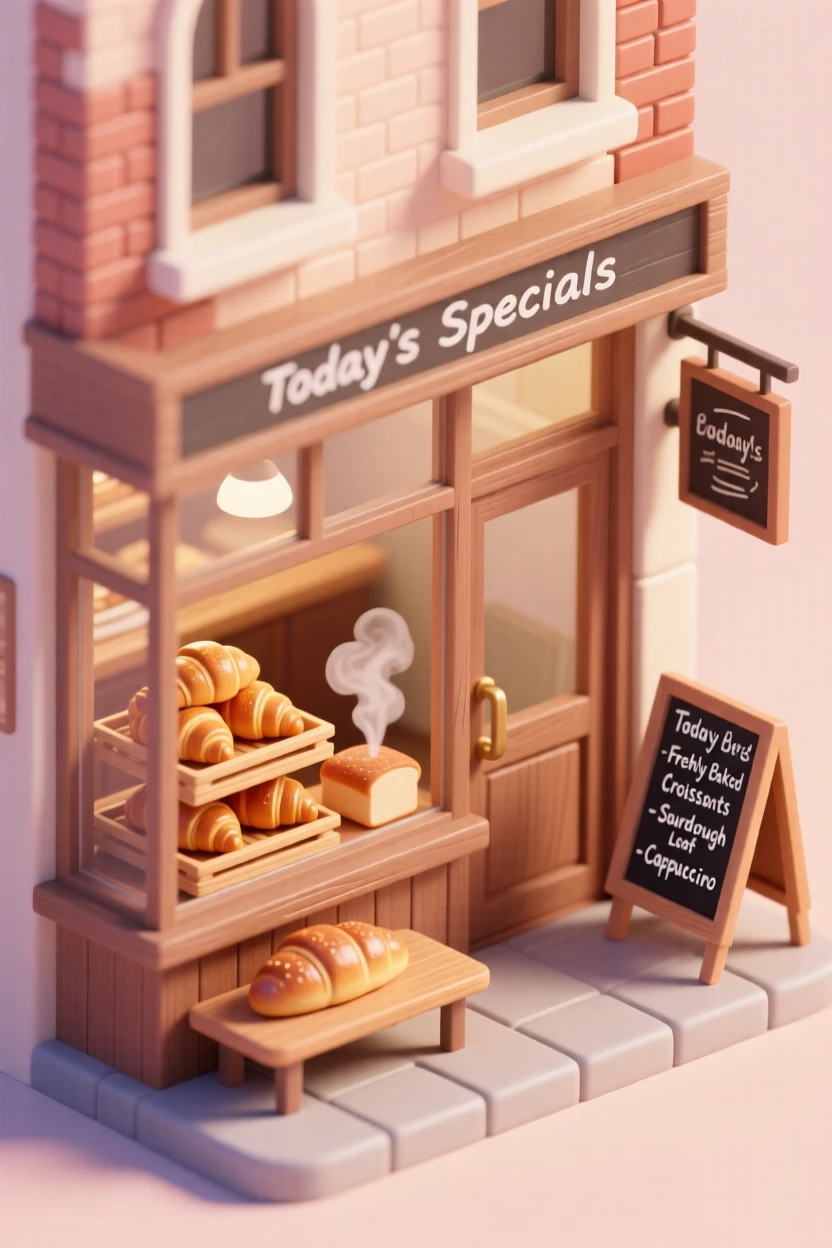 A cozy corner bakery with golden croissants stacked in the window, a chalkboard menu, and steam rising from a fresh loaf on the counter.