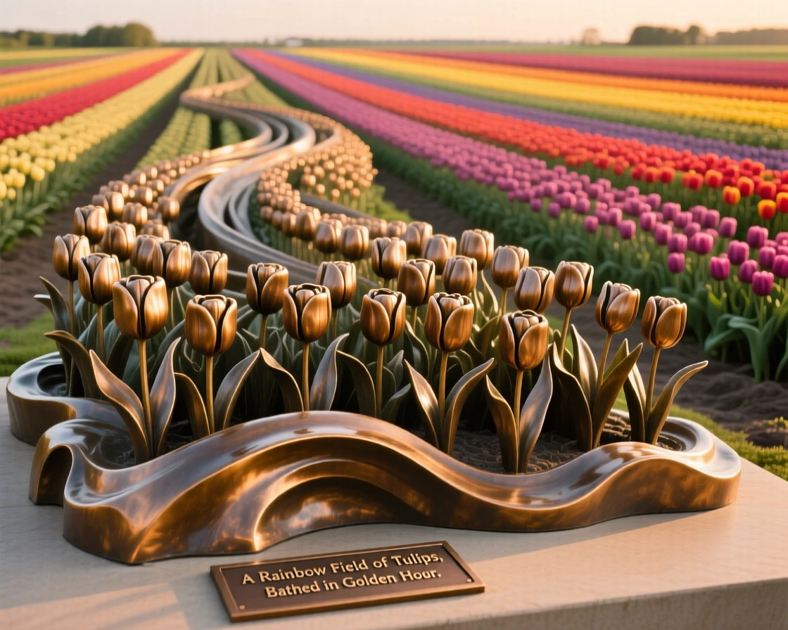 A vast field of tulips in brilliant rainbow rows, bathed in the warm hues of golden hour, offering a breathtaking sense of place