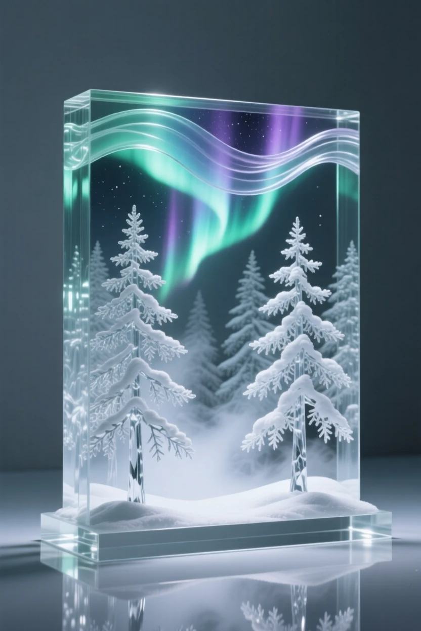 A snowy pine forest under the northern lights at the quiet hush of early morning, gentle mist rising, composition inviting stillness and reflection.