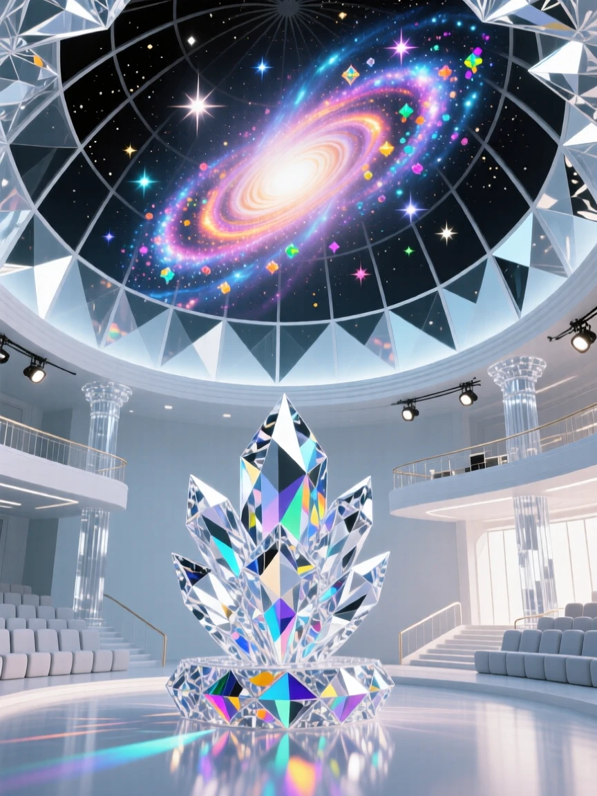 The interior of a grand domed planetarium projecting a swirling galaxy overhead.