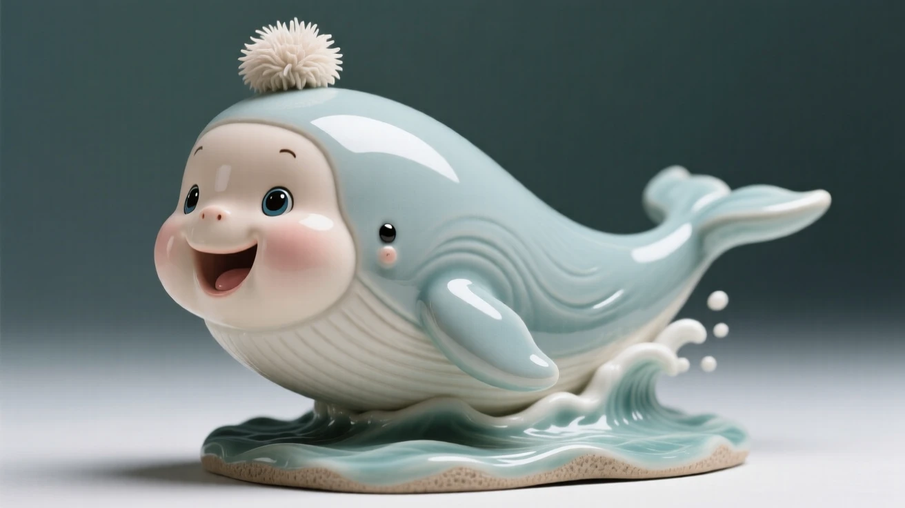 A chubby baby whale breaching playfully frozen mid-giggle in a joyful moment, with a small, endearing tuft of fluff, stirring an overwhelming urge to smile.