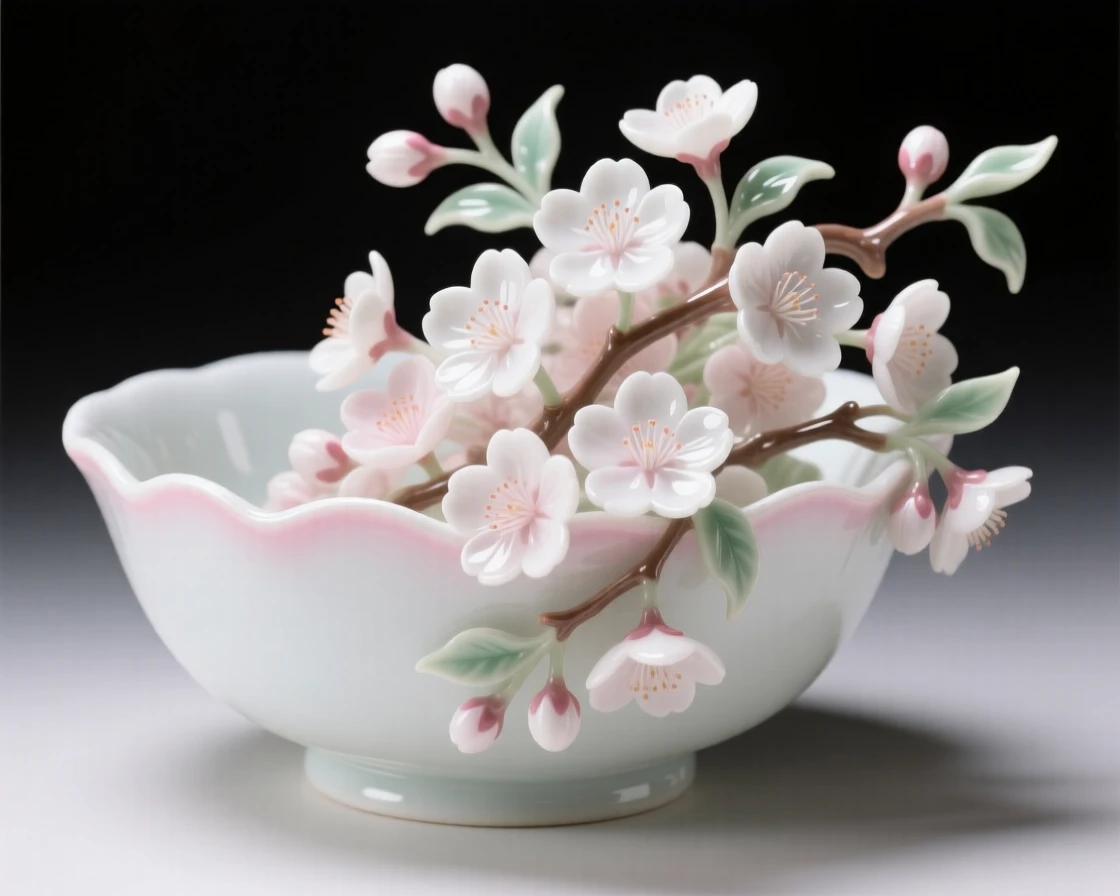 A lush arrangement of cherry blossoms in a shallow decorative bowl, arranged in a graceful cascading style.