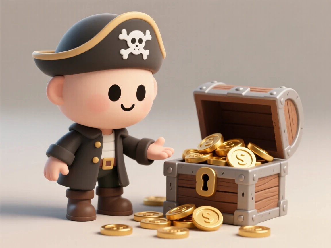 A cunning pirate first mate counts glittering gold doubloons spilling from a weathered wooden chest.