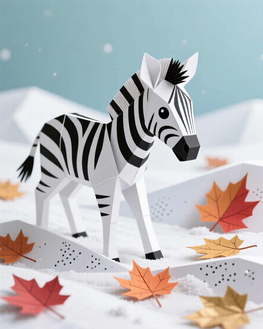 A striped zebra foal wandering through a snowy landscape, with autumn leaves scattered around it, capturing the wonder of the natural world.