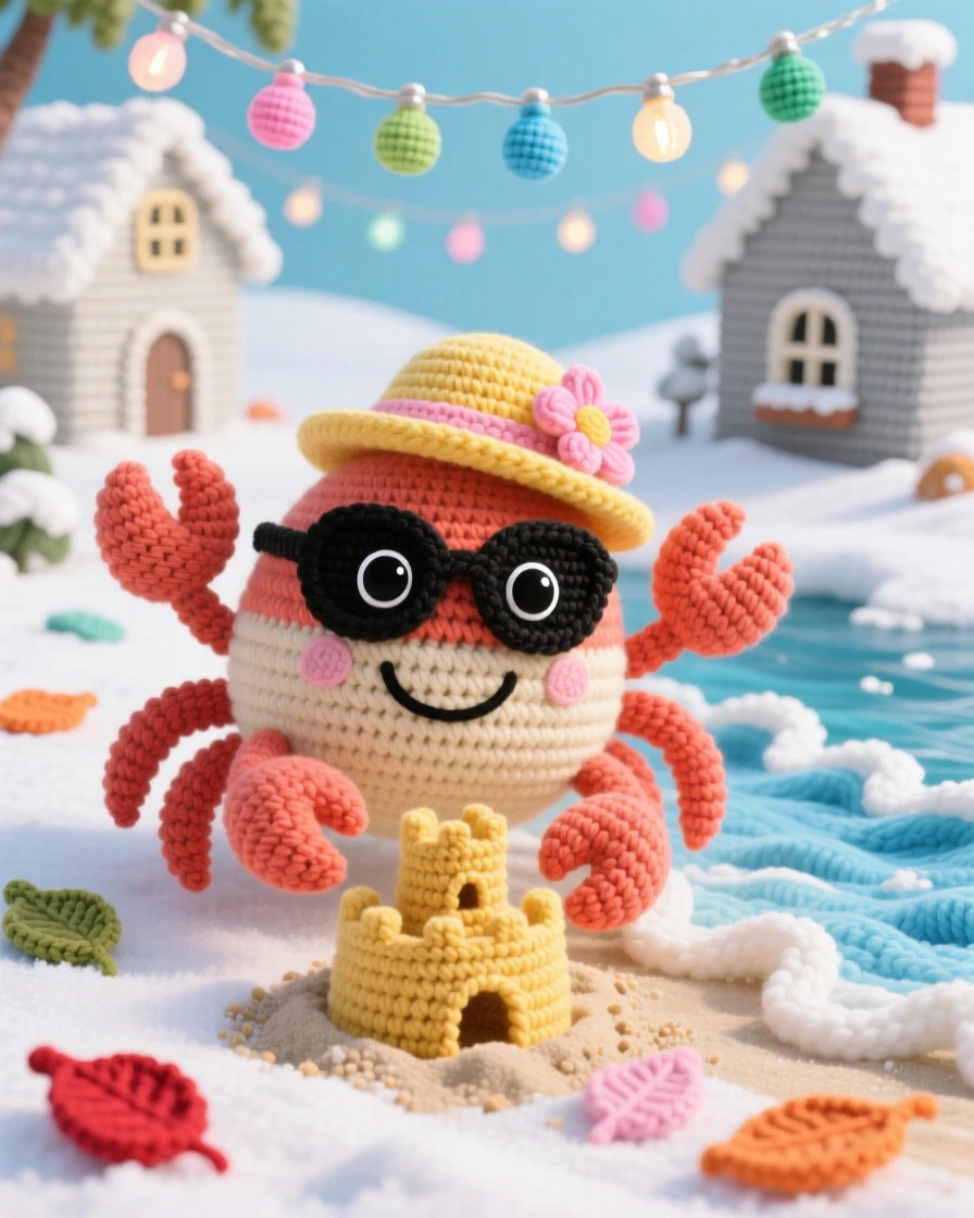 a cheerful summer beach crab wearing sunglasses, with a tiny sunhat, building a sandcastle beside the tide, set in a snow-covered village square strung with lights, with a scattering of fallen leaves or petals, full of festive excitement and shared celebration.